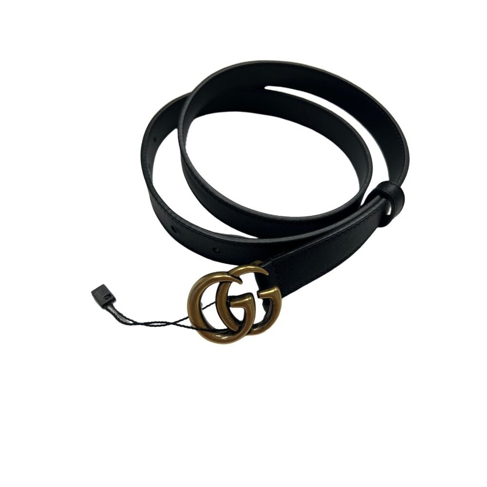 Gucci Black Leather Skinny Belt With GG Gold Classic Buckle